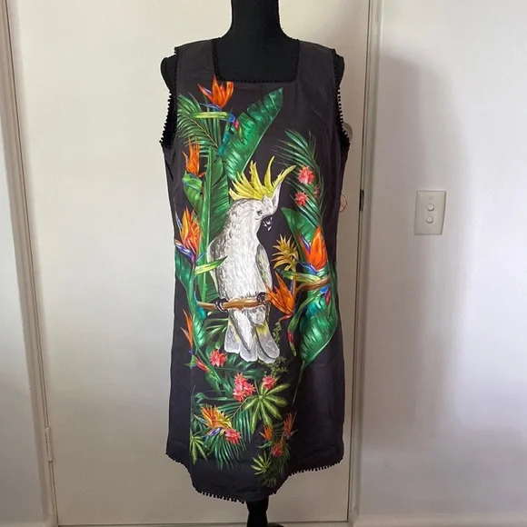 Unbranded Womens Midi Dress Tropical Black Polyester Side Zip Polyester Size XL - Picture 1 of 10